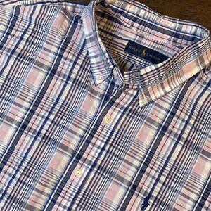 Polo Ralph Lauren Shirt Pink Blue Plaid Seersucker Short Sleeve Pony Men’s XL